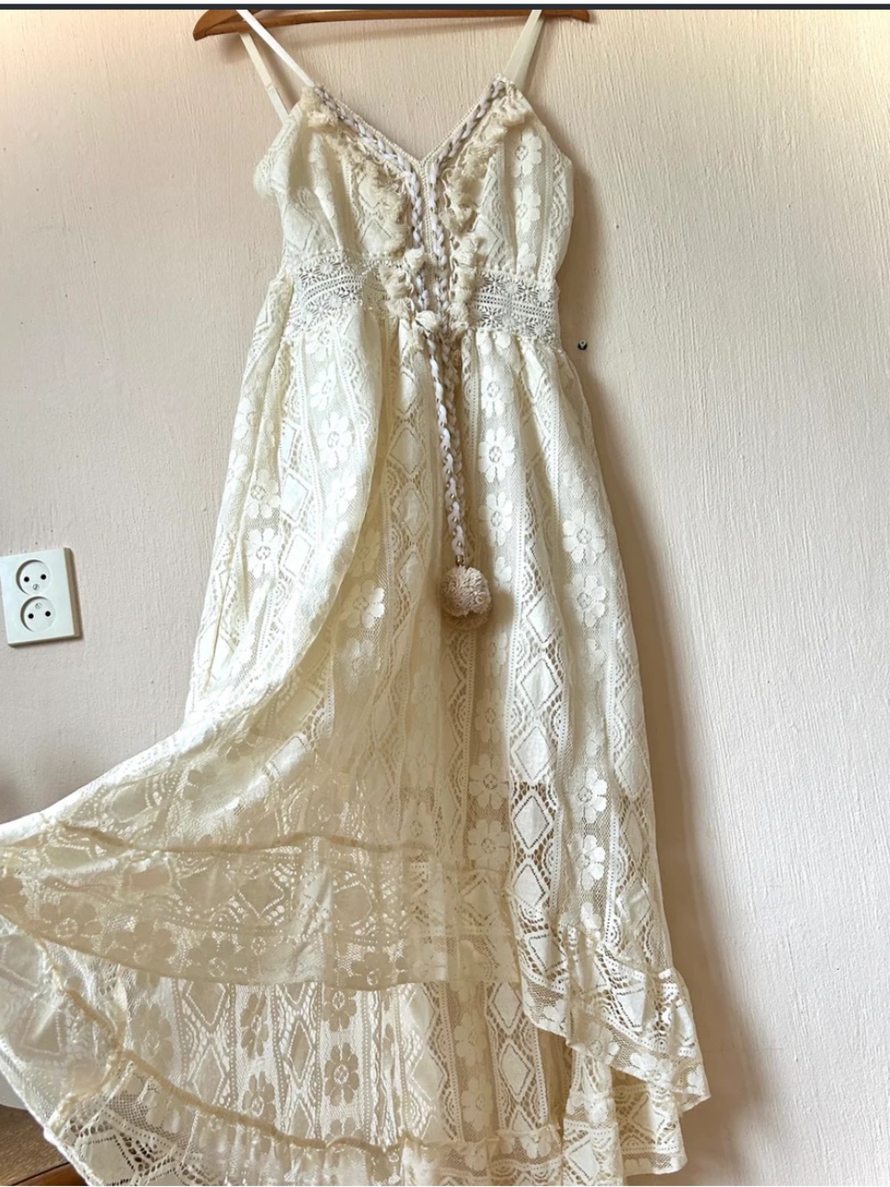 Full Lace Maxi BoHo Dress with Pom Tassel Tie - Cream size Small